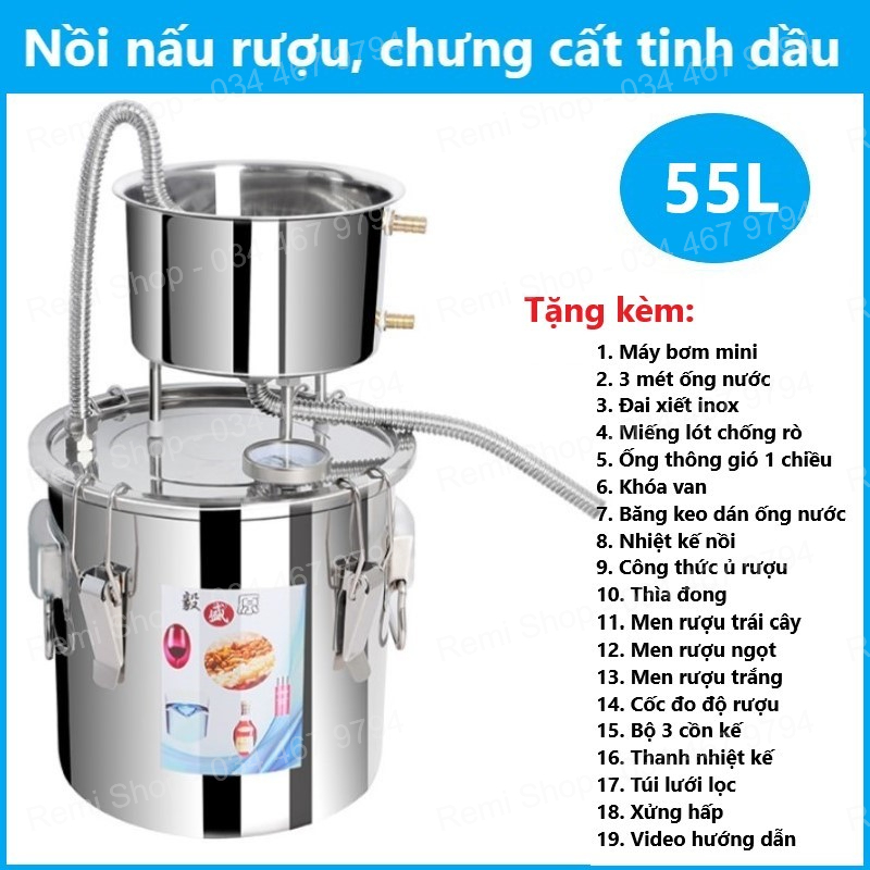 Bộ nồi chưng cất tinh dầu nước hoa hồng INOX 55L (tặng máy bơm mini, bộ đo độ rượu và 3 loại men rượu) nồi nấu rượu đa năng 41cm dùng với bếp điện, bếp từ, bếp gas, bếp củi. Nồi hấp xôi ủ lên men rượu, nồi luộc gà hầm canh