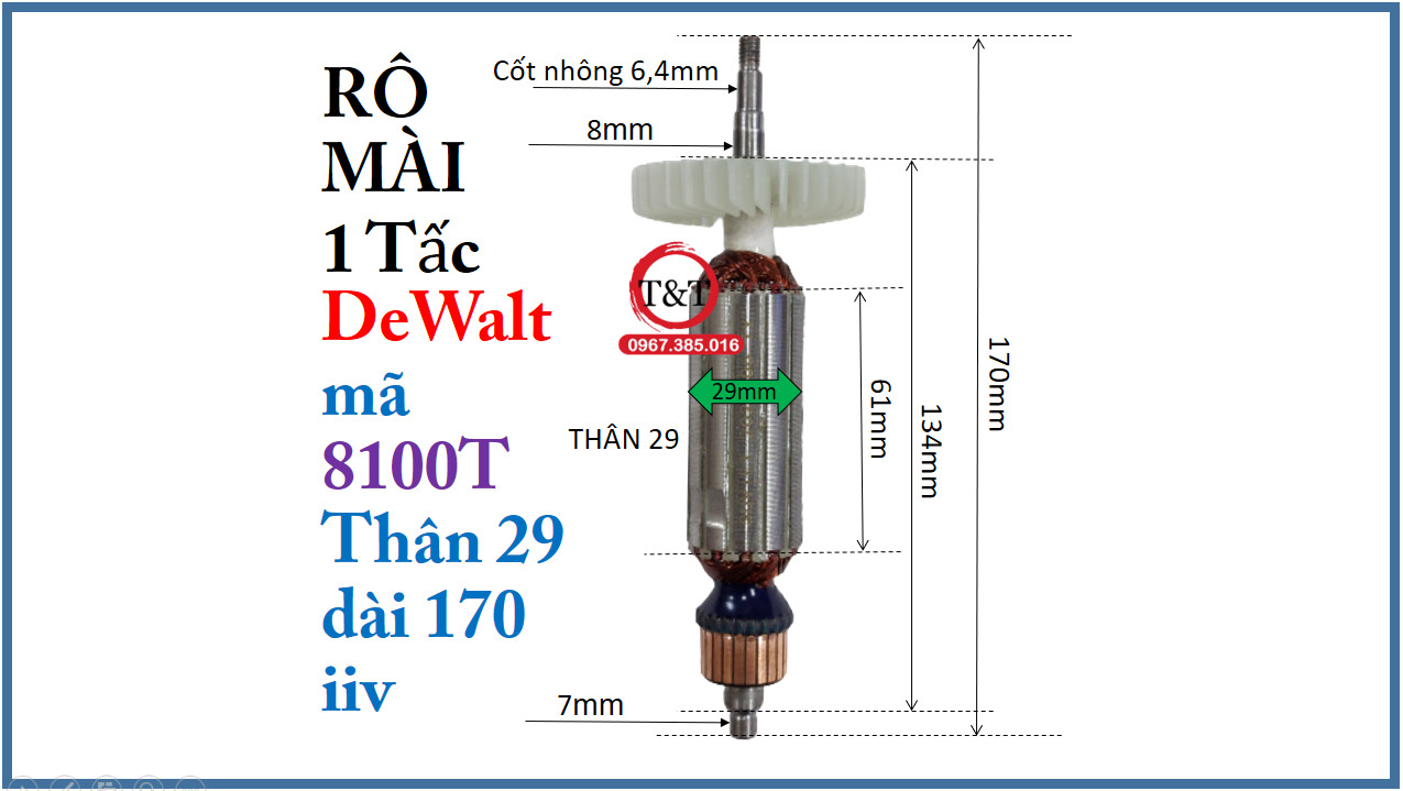 Rô to mài dewalt mã 8100t, ruột mài dw thân 29 dài 170. iiv