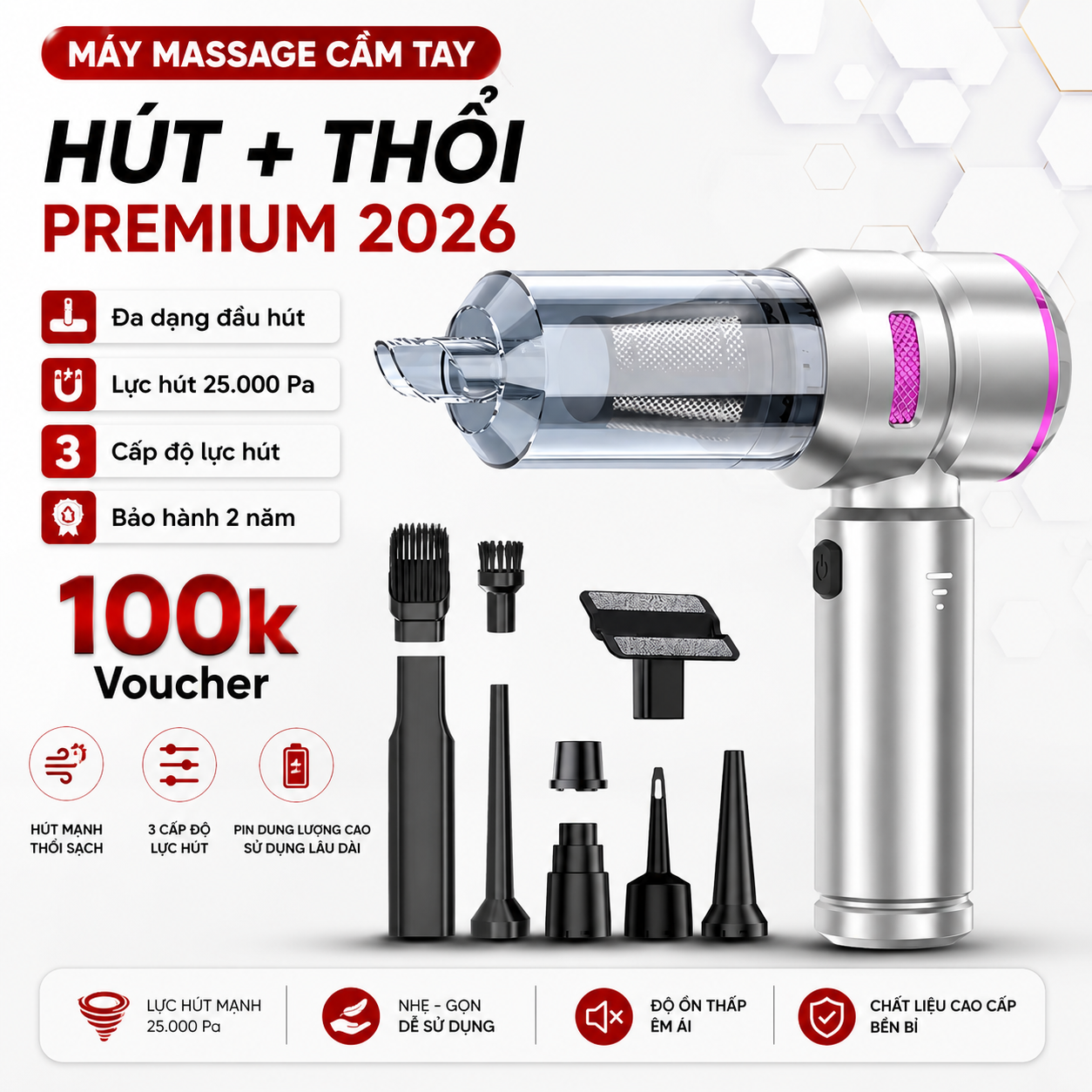2-in-1 Handheld Vacuum Cleaner, 25,000Pa Suction Power, Multiple Suction Heads, Cordless Mini Vacuum Cleaner