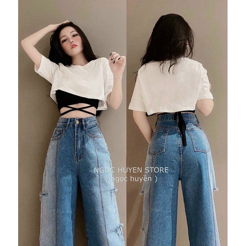 Set Áo Croptop Phối Áo Hai Dây Đan Bụng Cá Tính