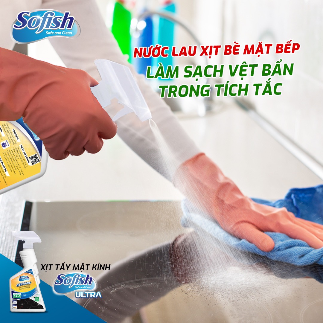 Chai Xịt Tẩy Làm Sạch Mặt Kính Bếp Từ,bếp Gas Sofish Ceramic 500ml - Giúp đánh bay các vết bám bẩn dầu mỡ trên bếp