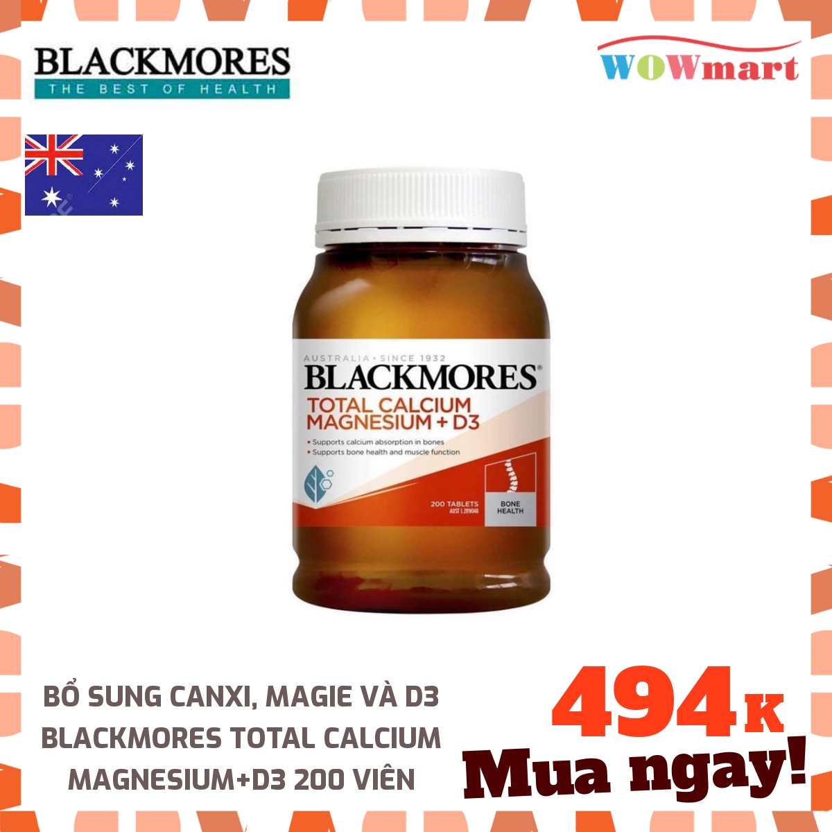 Bổ sung Canxi, Magie và D3 Blackmores Total Calcium Magnesium+D3 200 viên - [ÚC]