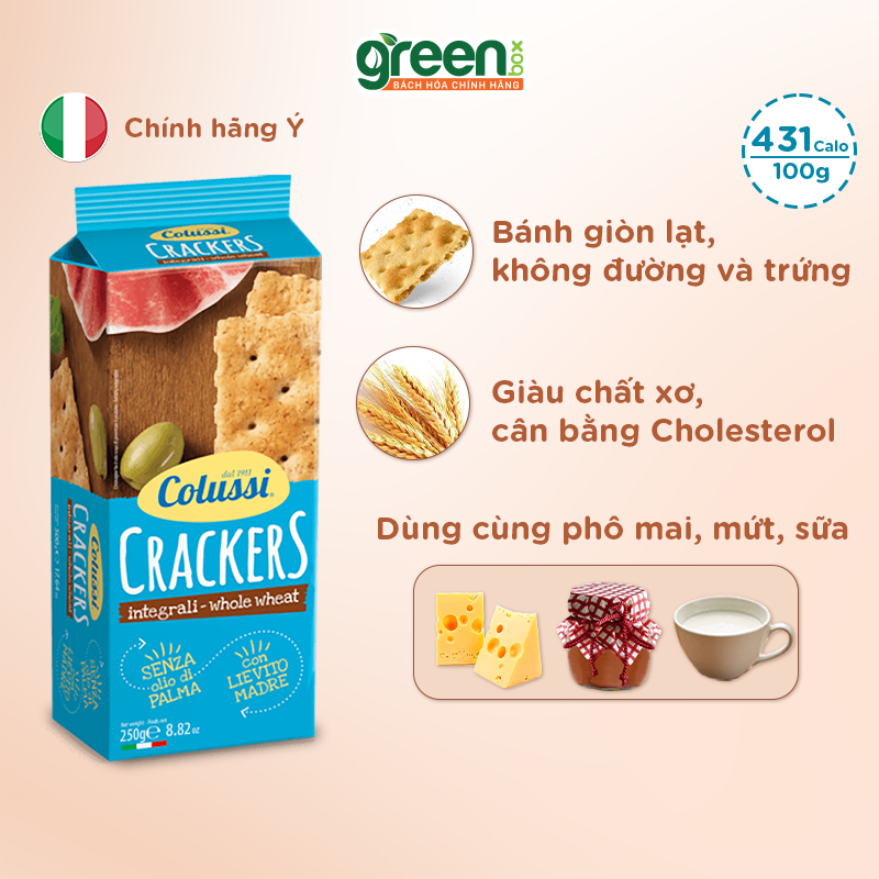 Bánh cracker ăn kiêng vị lạt Colussi Ý 250g dùng bột mì nguyên cám và dầu hướng dương, ăn chay không trứng