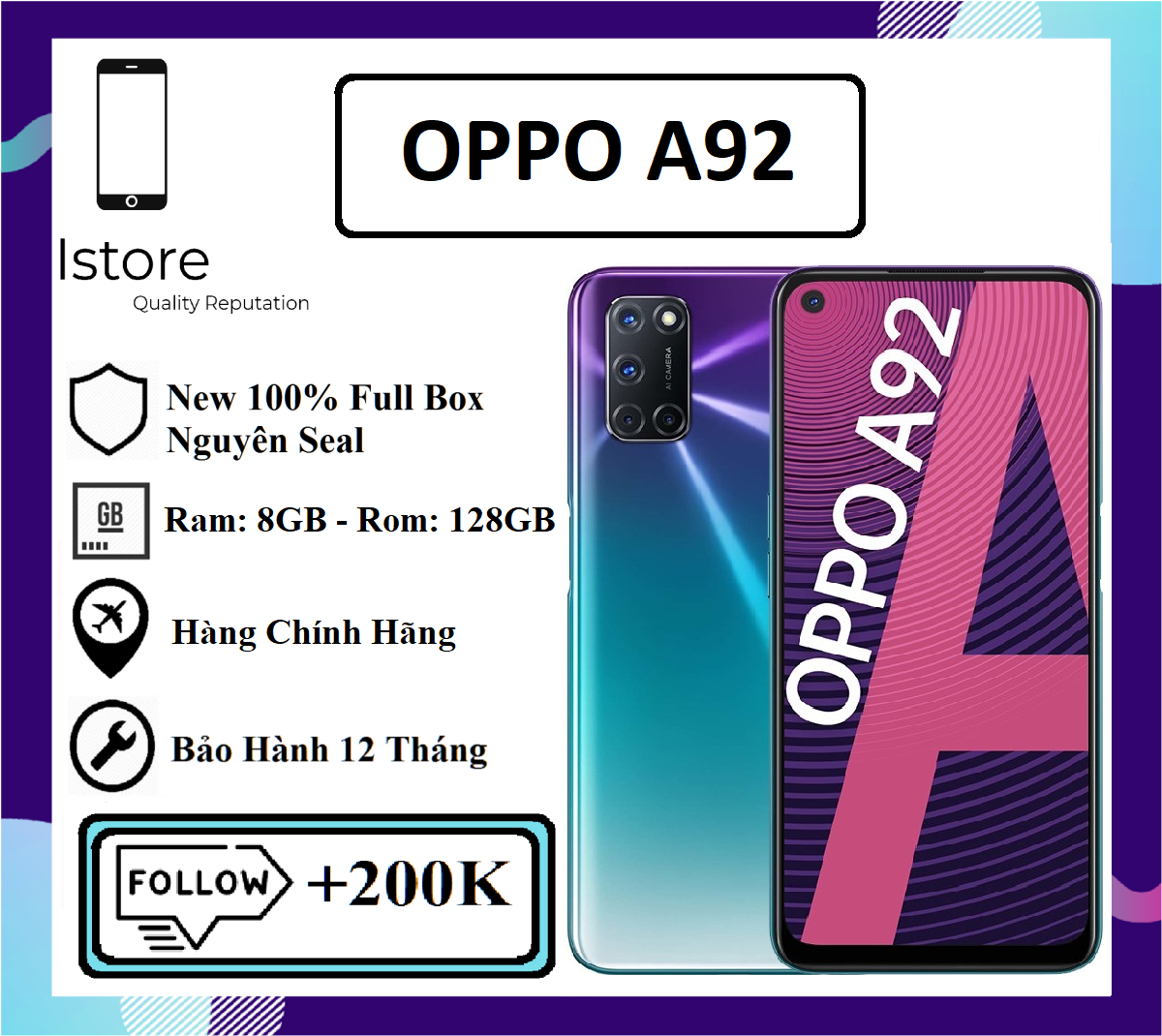 Điện thoại oppo a92 - 8gb128gb - màn hình: tft lcd, 6.5 , full hd+, cpu:snapdragon 665 8 nhân, dung lượng pin: 5000 mah, có sạc nhanh, bảo hành 12 tháng - chính hãng - trả góp 0%