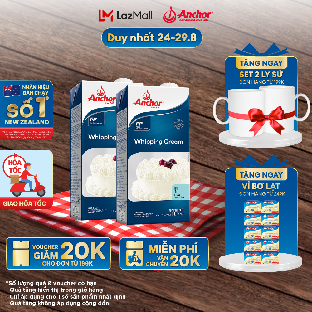 Combo 2 Kem sữa tươi tiệt trùng Anchor Whipping cream hộp 1 lít