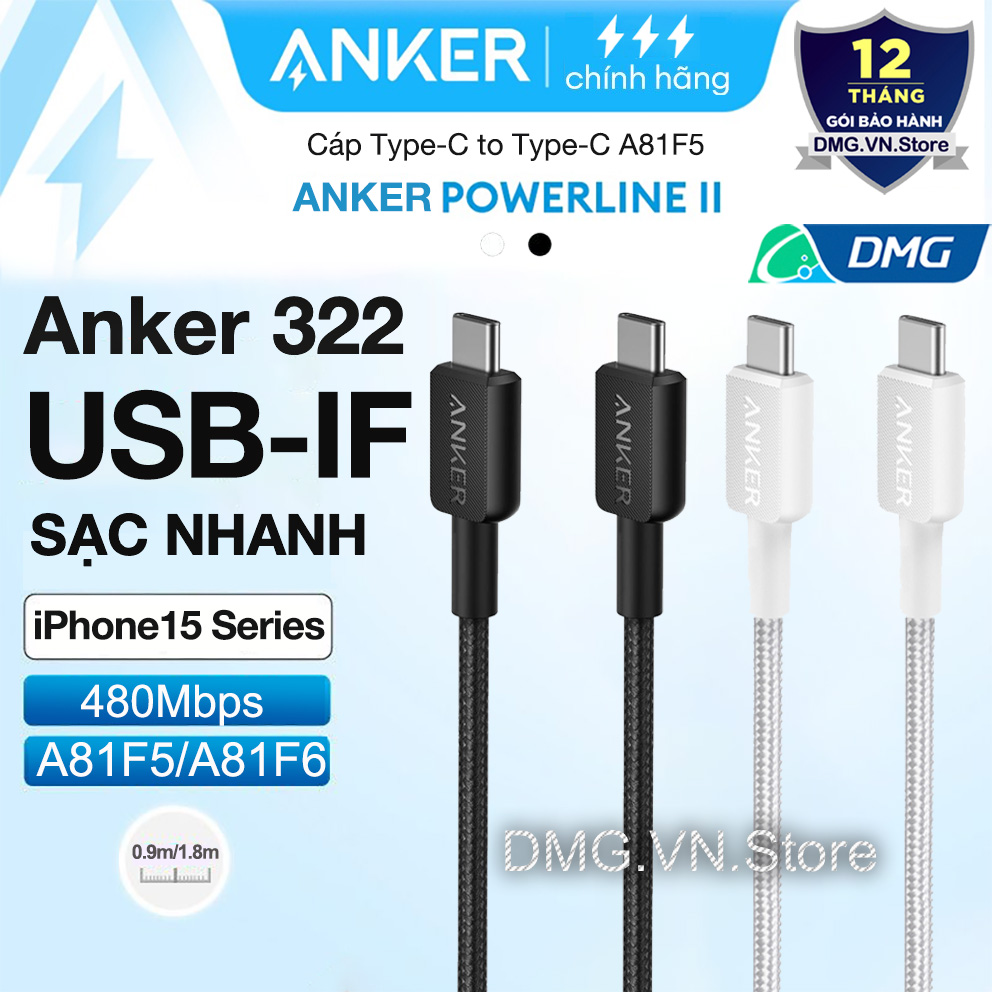 Cáp sạc nhanh Type-C to Type-C Anker A81F5/A81F6 0.9m/1.8m 60W, Cho iPhone 15 Pro Max Loptop iPad Air/Pro,Macbook Air/ Pro,Samsung,OPPO vv