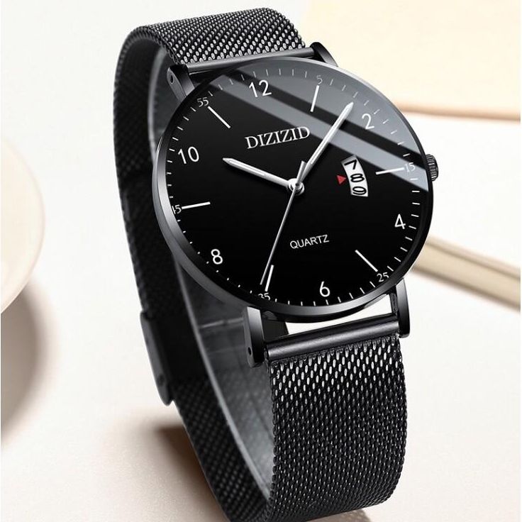 Đồng Hồ Nam Dây Thép Lụa Đen Mặt Siêu Mỏng DIZIZID Có Lịch Ngày Cao Cấp - Style Lịch Lãm