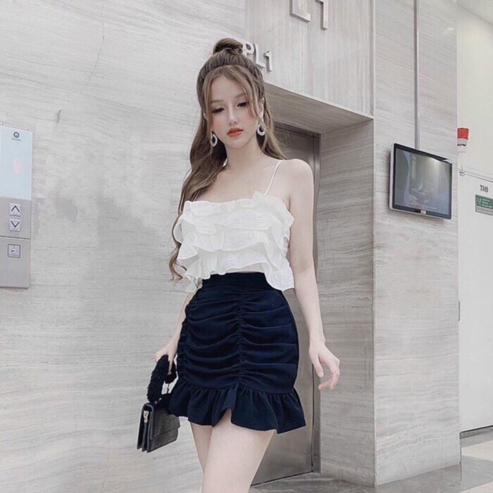 [HCM]Sét áo và chân váy nhún bèo 3 tầng phối áo trắng chân váy đen màng lại màu sắc hài hòa dễ nhìn