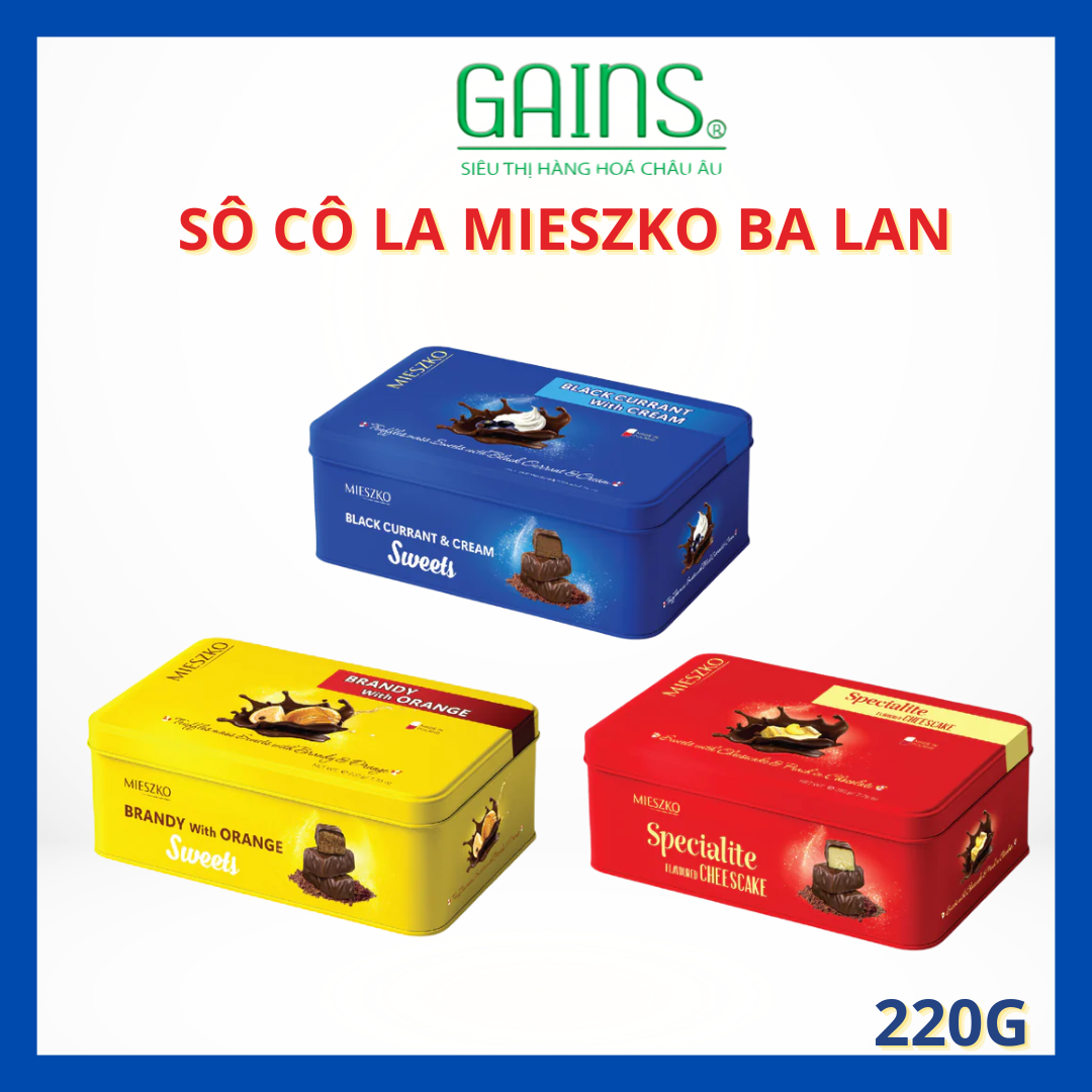 Sô cô la Mieszko Ba Lan Cao Cấp - 3 Vị Độc Đáo: Brandy Orange, Blackcurrant, Cheesecake - Socola Nhập Khẩu Chính Hãng Thơm Ngon Hộp 220g