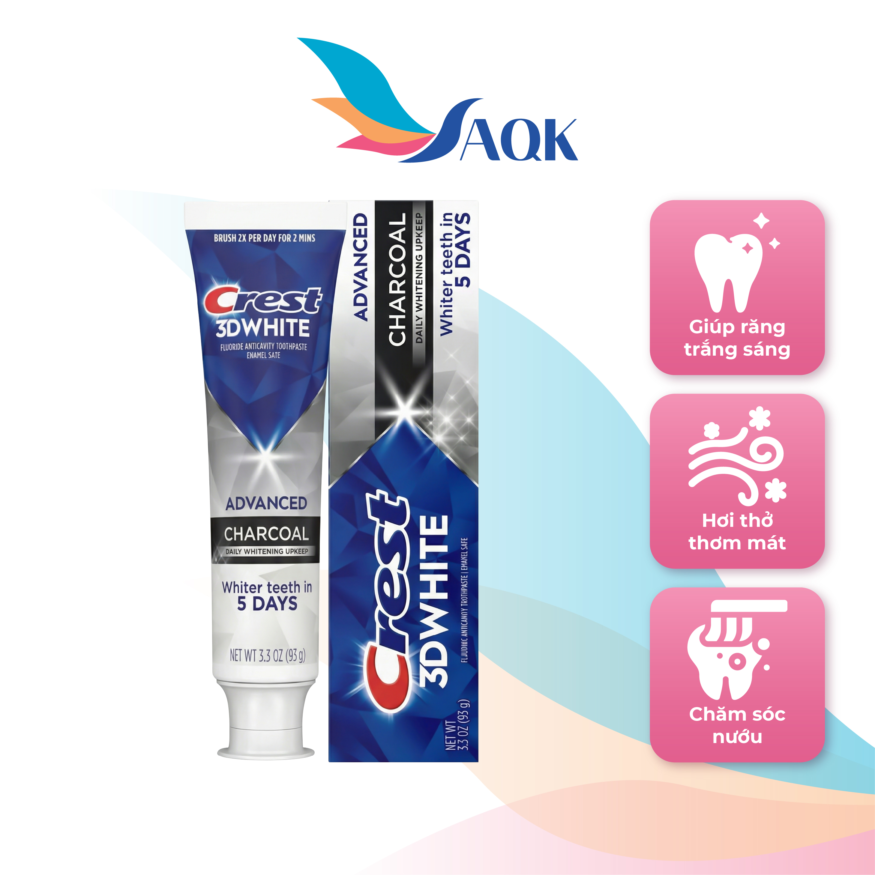 Kem đánh răng Crest 3D White Advanced Charcoal (93g) - Hỗ trợ làm sáng răng với than hoạt tính mang lại hơi thở mát lạnh