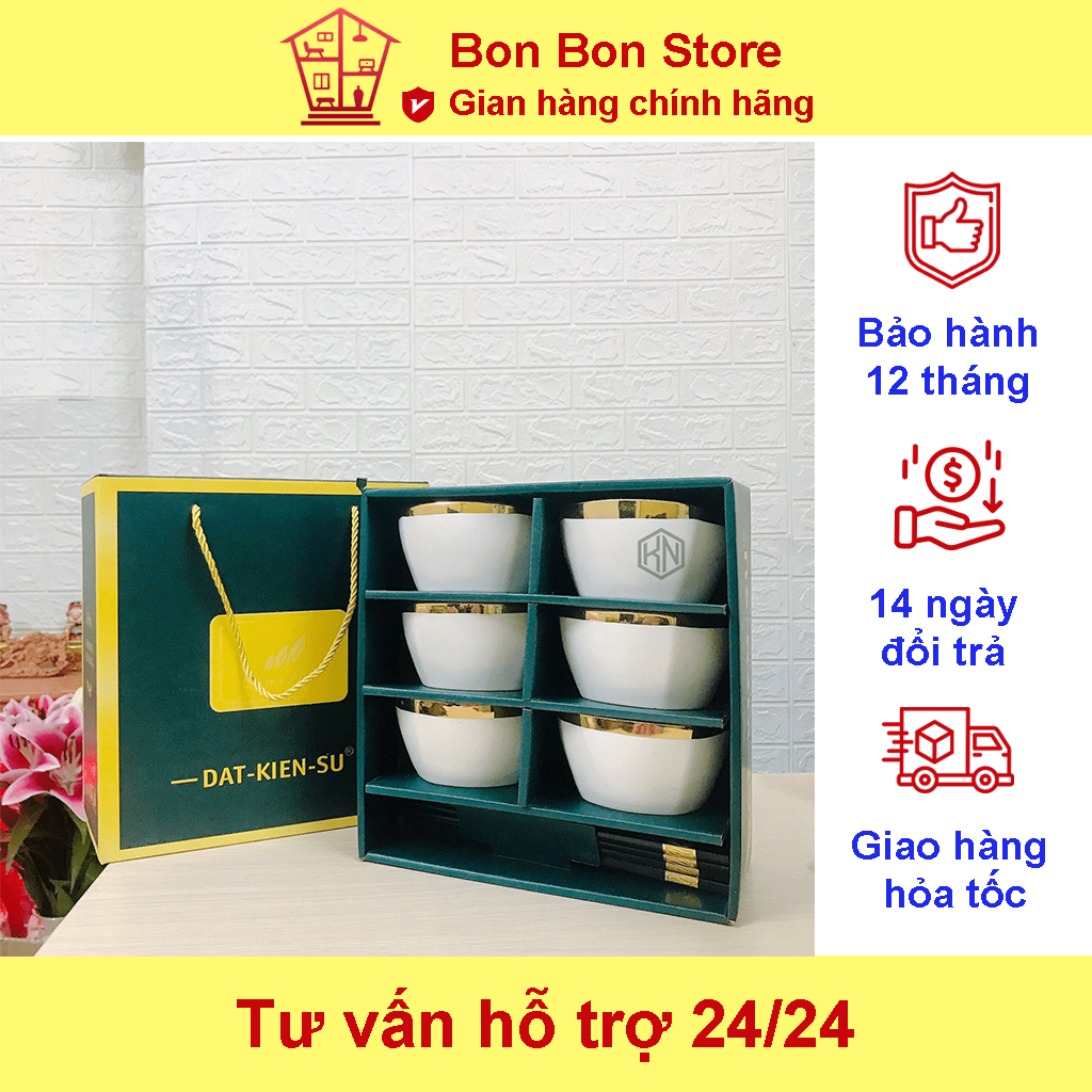 Bộ 6 bát sứ viền vàng hoàng gia cao cấp, bộ chén ăn cơm sứ viền vàng hình trụ decor theo phong cách hàn quốc