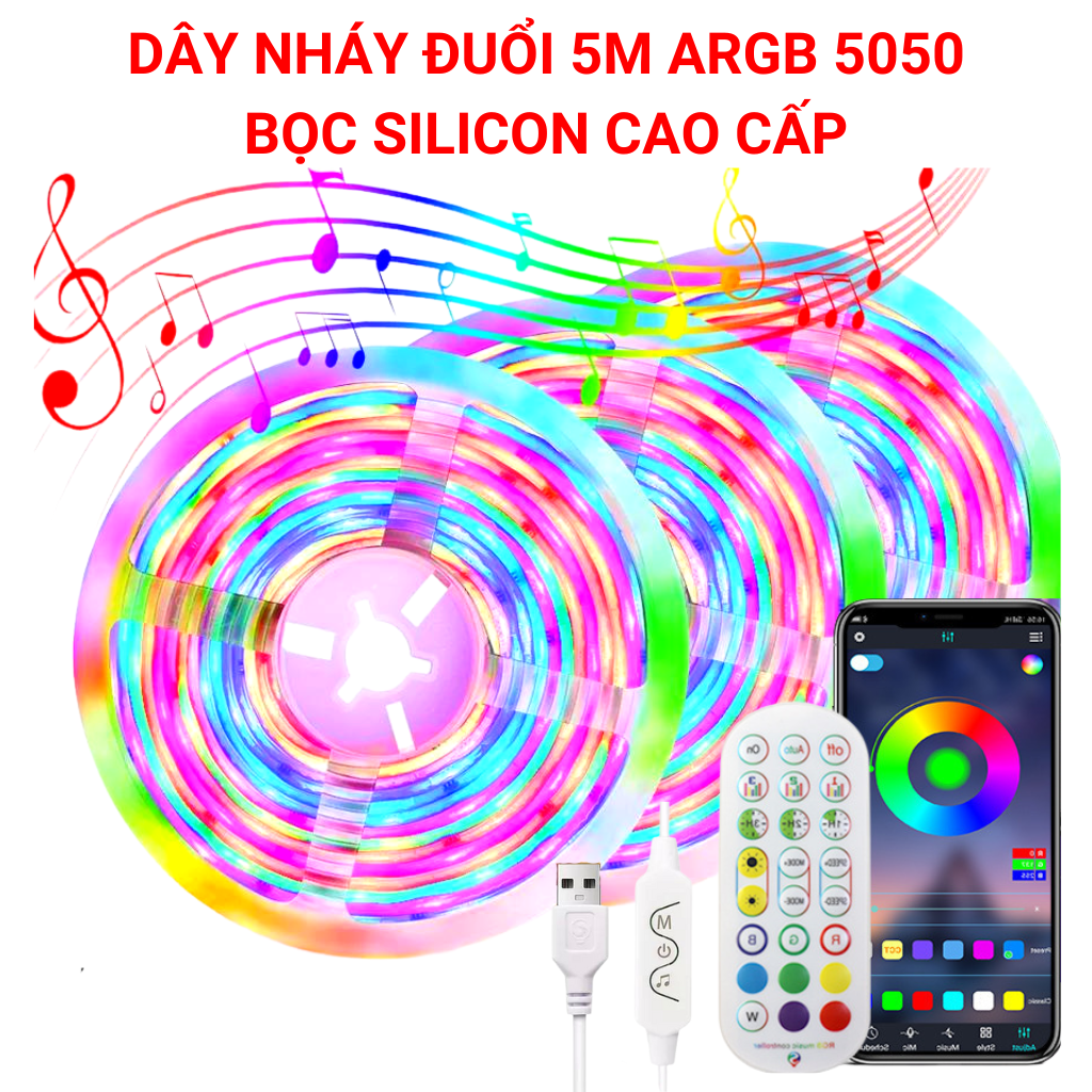 Dây đèn led nháy đuổi ARGB 16 triệu màu bọc silicon cao cấp chip led SMD 5050, cảm biến âm thanh, nháy theo nhạc, điều chỉnh qua app điện thoại,điều khiển từ xa, có dây cáp usb, đèn led hottrend tiktok trang trí decor phòng