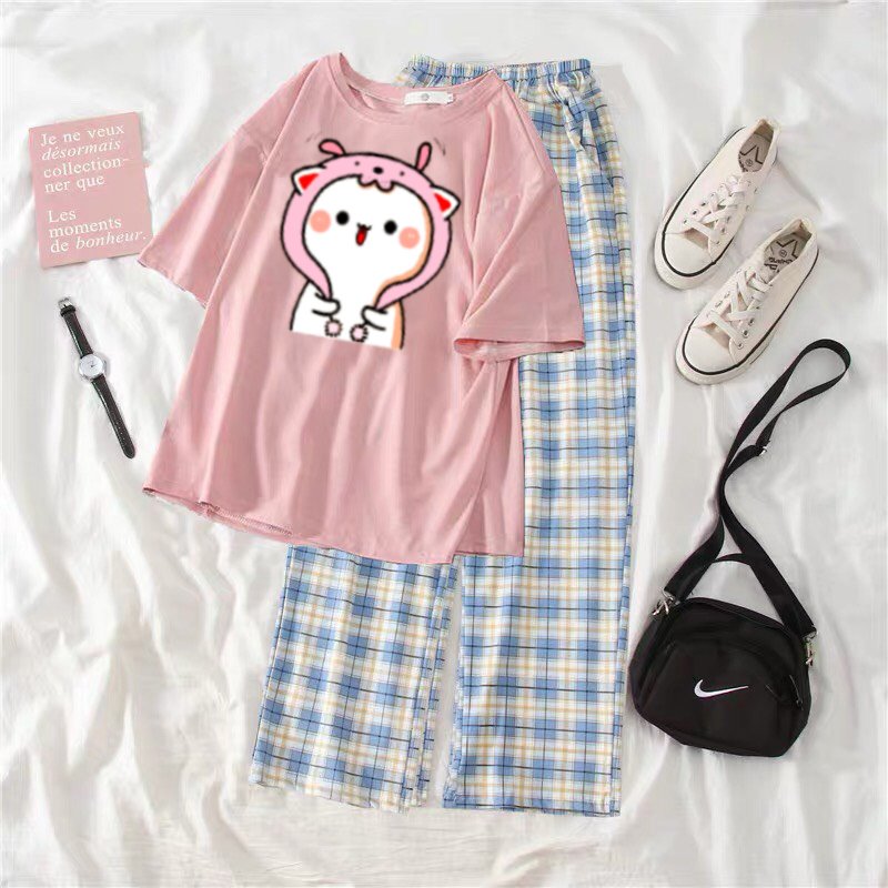 Set áo cộc tay in hình mèo đội mũ kèm quần kẻ xanh