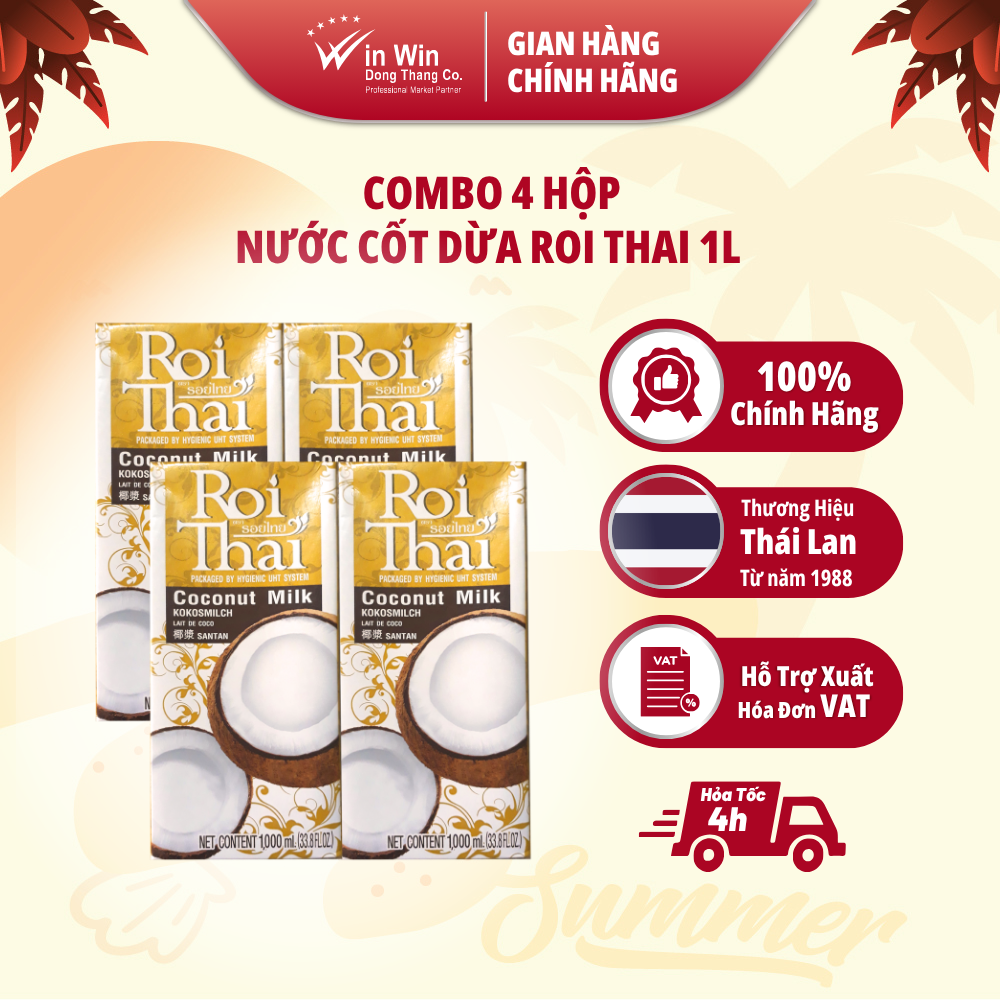 Combo 4 Hộp Nước Cốt Dừa Roi Thai 1L - Nhập Khẩu Thái Lan