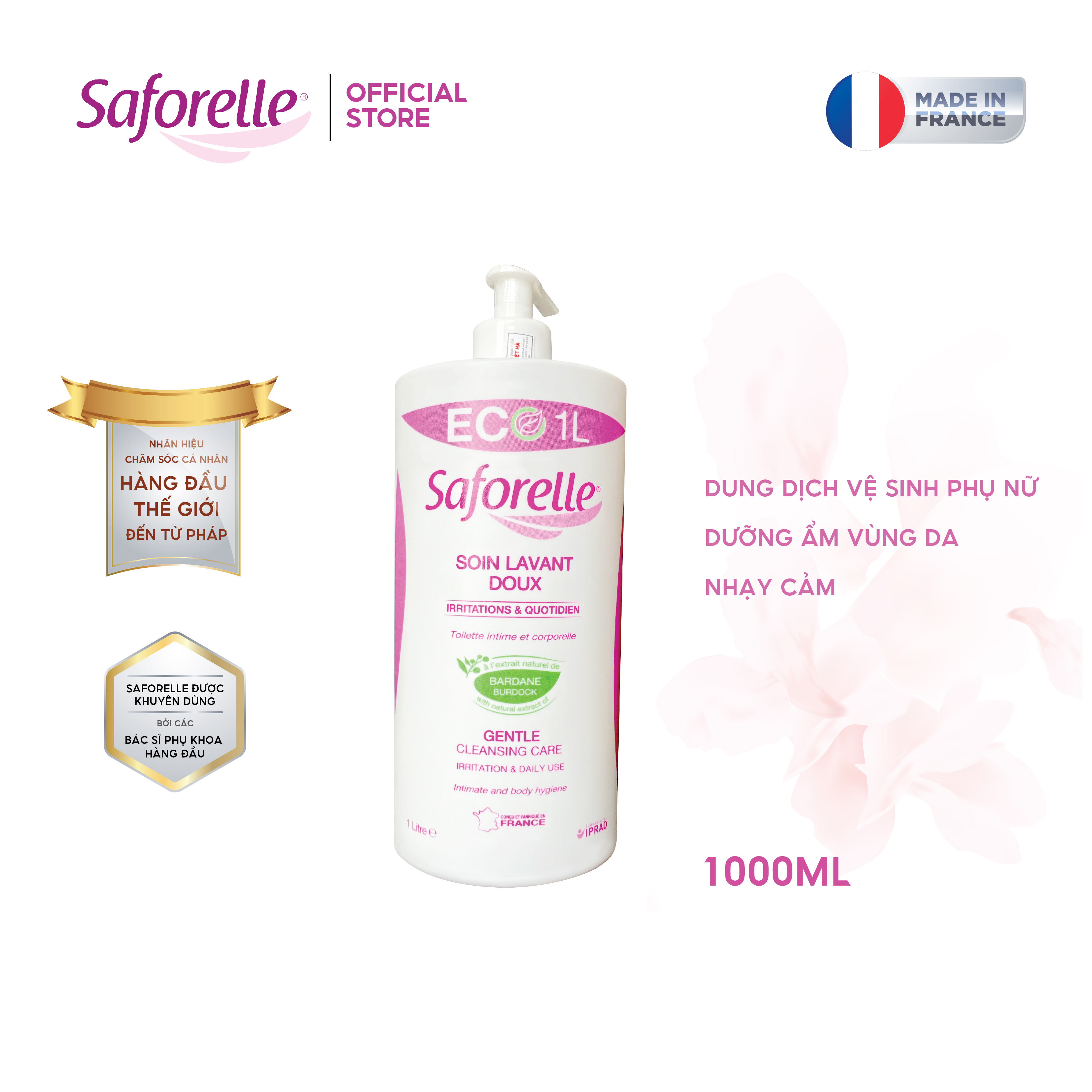 Dung dịch vệ sinh phụ nữ Saforelle Gentle Cleansing Care cao cấp hỗ trợ làm sạch, khử mùi vùng kín 1000ml