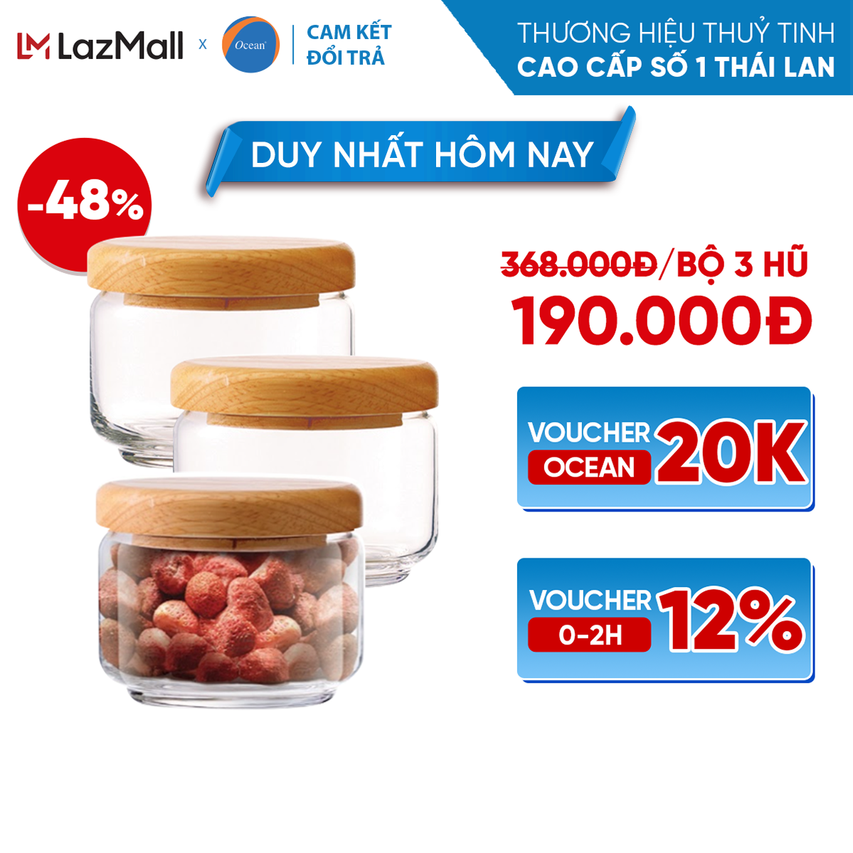 [Cam Kết Đổi Trả Nếu Vỡ] Bộ 3 Hũ Thủy Tinh Nắp Gỗ - Ocea Pop Jar 325ml - Chính Hãng