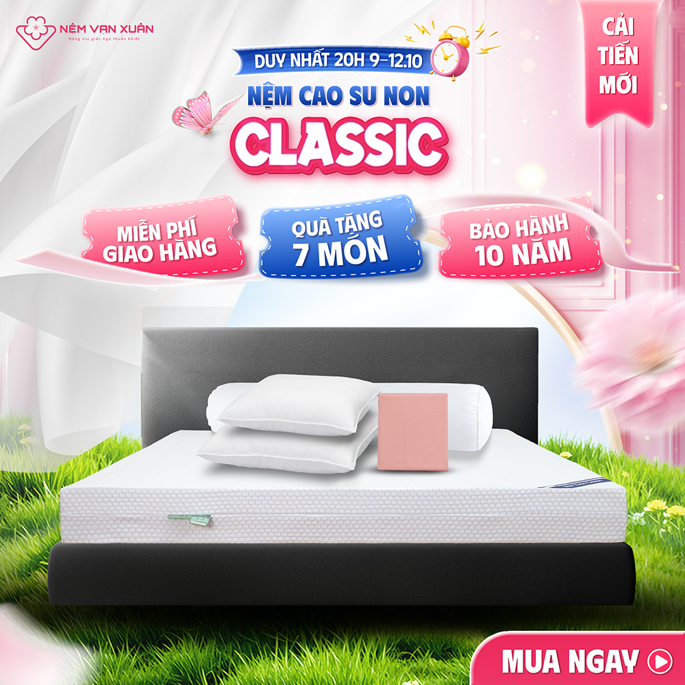 [DUY NHẤT 20H 9.10 - 12.10 - MUA 1 TẶNG 7 - CẢI TIẾN MỚI] Đệm Cao Su Non Vạn Xuân Êm Ái Mềm Mại Thiết Kế Lỗ Tròn Thông Thoáng, Thoát Khí Tốt - Tặng Bộ Quà 7 Món Basic Cao Cấp Gồm 2 Gối Nằm 1 Gối Ôm 1 Ga 2 Vỏ Gối Nằm Và 1 Vỏ Gối Ôm