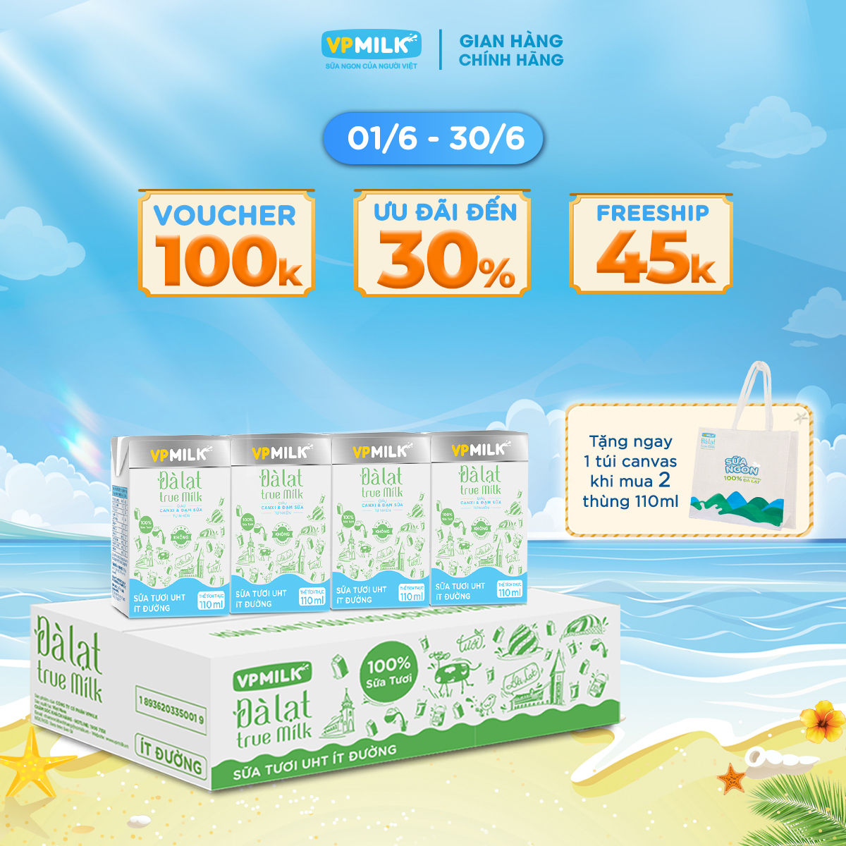 [Thùng 48 hộp 110ml] Sữa Tươi Nguyên Chất UHT Đà Lạt True Milk Ít Đường