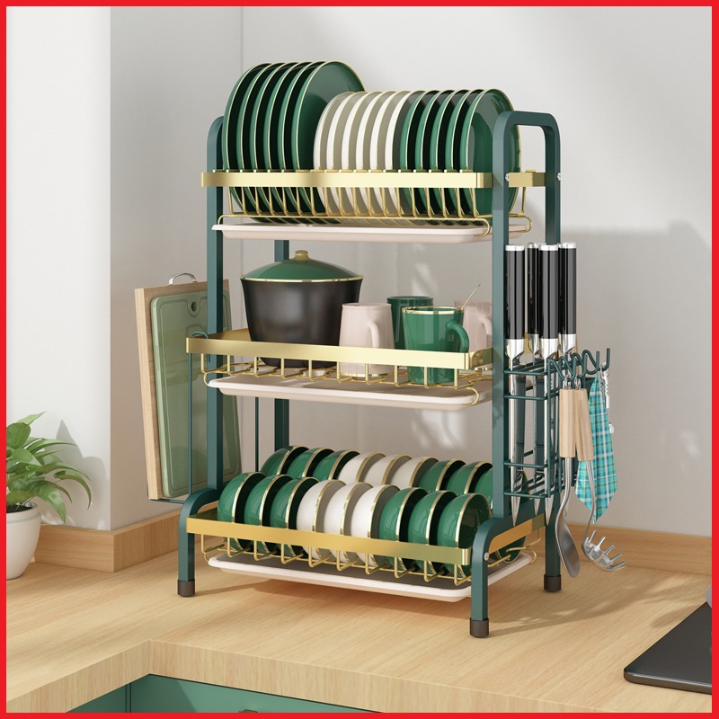 Giá để bát đĩa 3 tầng kích thước 56x24x61cm tặng ống cắm đũa thìa - Kệ chạn úp chén đũa đa năng kèm 3 khay hứng nước