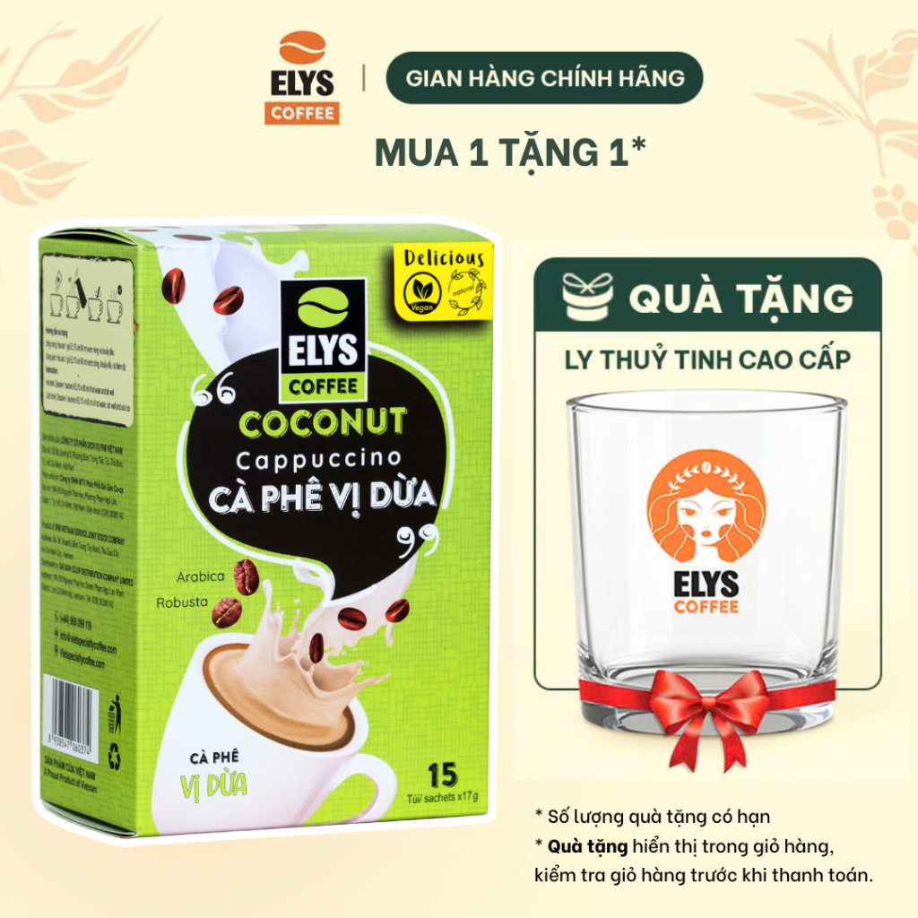 |Tặng 1 ly thuỷ tinh cao cấp| Elys Coffee - Cà phê hòa tan sữa dừa 3in1- Hộp 255G x 15 túi