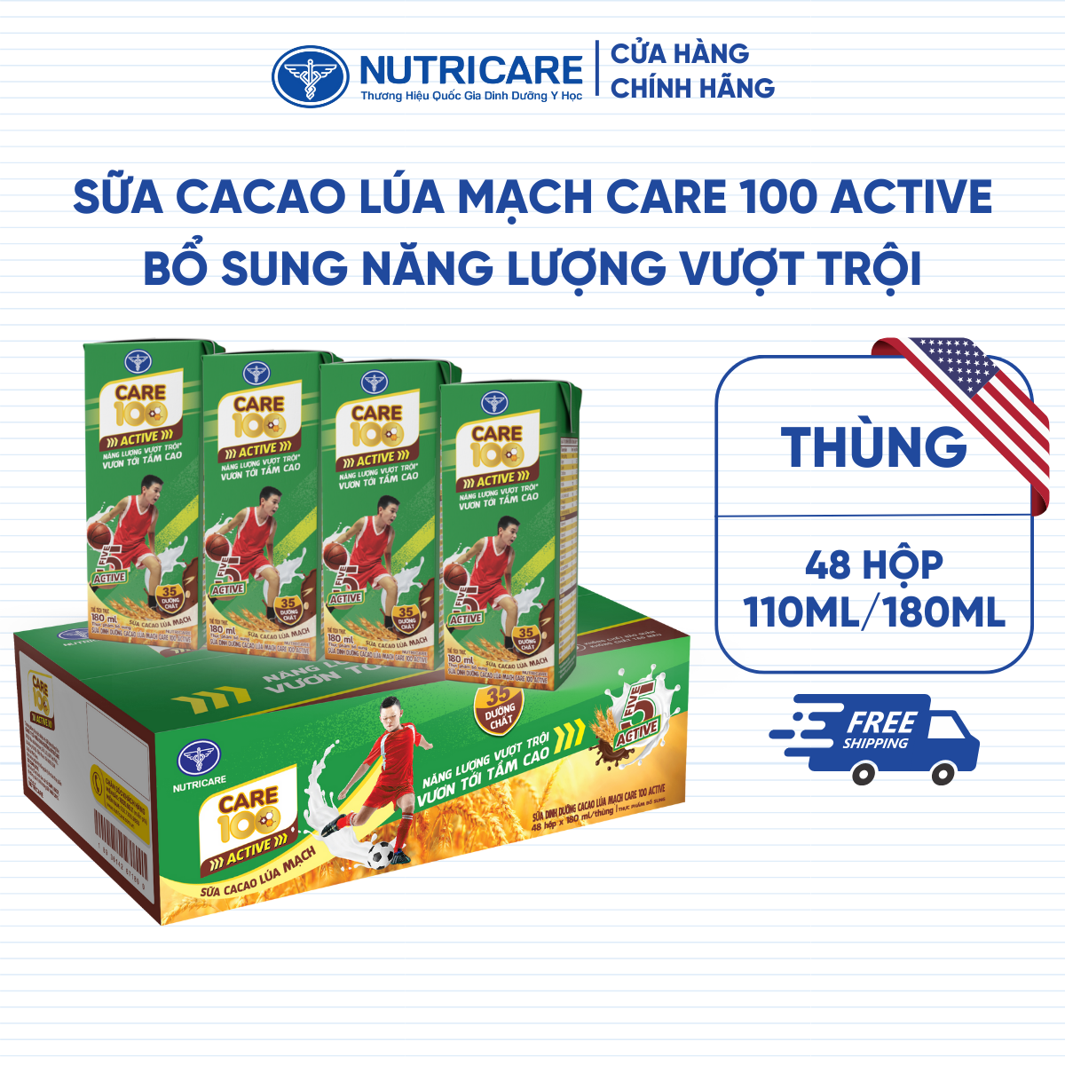Thùng 48 Hộp Sữa Cacao Lúa Mạch CARE 100 ACTIVE Nutricare Phát Triển Chiều Cao Cơ Xương Khớp Dành Cho Trẻ Từ 3 TuổiD3 Phát Triển Chiều Cao, Tăng Đề Kháng (thùng 48 hộp)