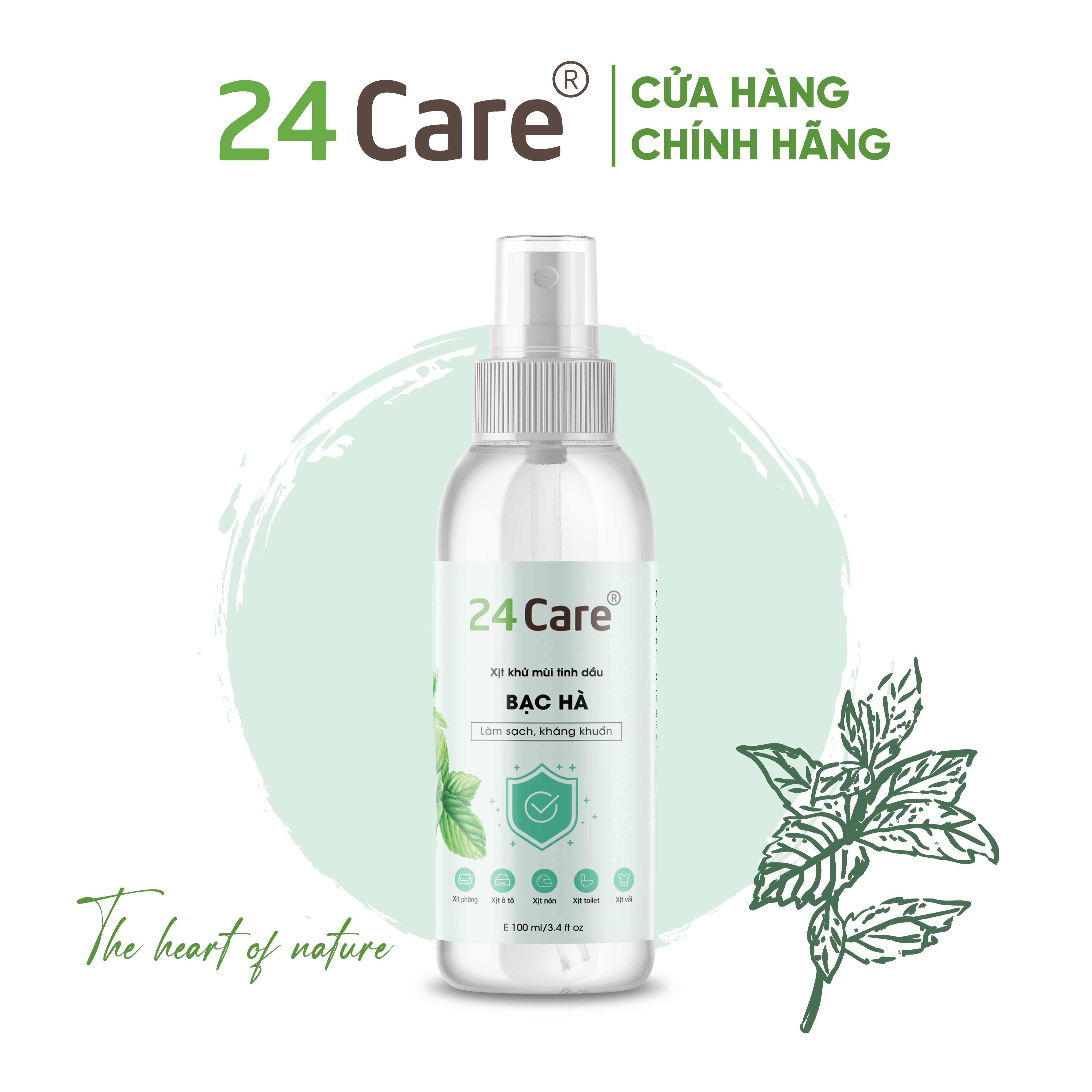 Xịt Phòng Tinh Dầu Bạc Hà Hữu Cơ Organic 24Care 50ML/100ML/250ML - Kháng khuẩn - Khử mùi hôi - Đuổi muỗi - côn trùng - Tập trung tinh thần làm việc, lái xe, học hành - Hương thơm thư giãn