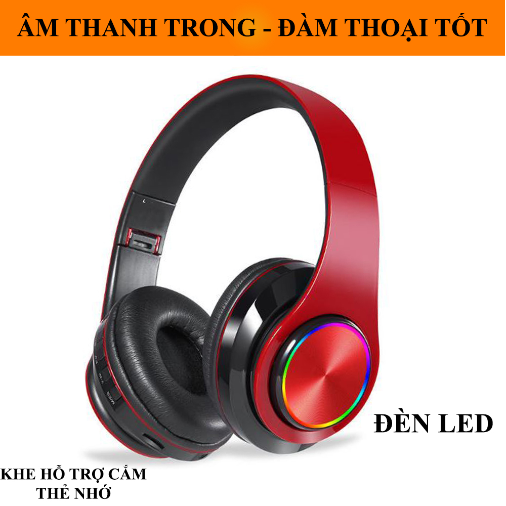 Tai Nghe không dây Bluetooth B39 có Đèn LED Chống ồn - Micro Đàm Thoại, Có khe cắm thẻ nhớ- Tự động kết nối (Màu Đỏ Đen)