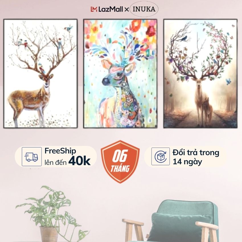 Tranh treo tường trang trí phòng ngủ Hươu Hoa Tài Lộc, tranh trang trí phòng khách, decor phòng ngủ, kết hợp cùng vải treo tường, thảm treo tường, tranh đính đá, tranh thuê chữ thập, đồ trang trí phòng ngủ Inuka.