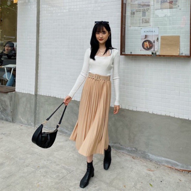 Chân Váy Dập Ly Dáng Dài Nhiều Màu Kèm Thắt Lưng Thời Trang