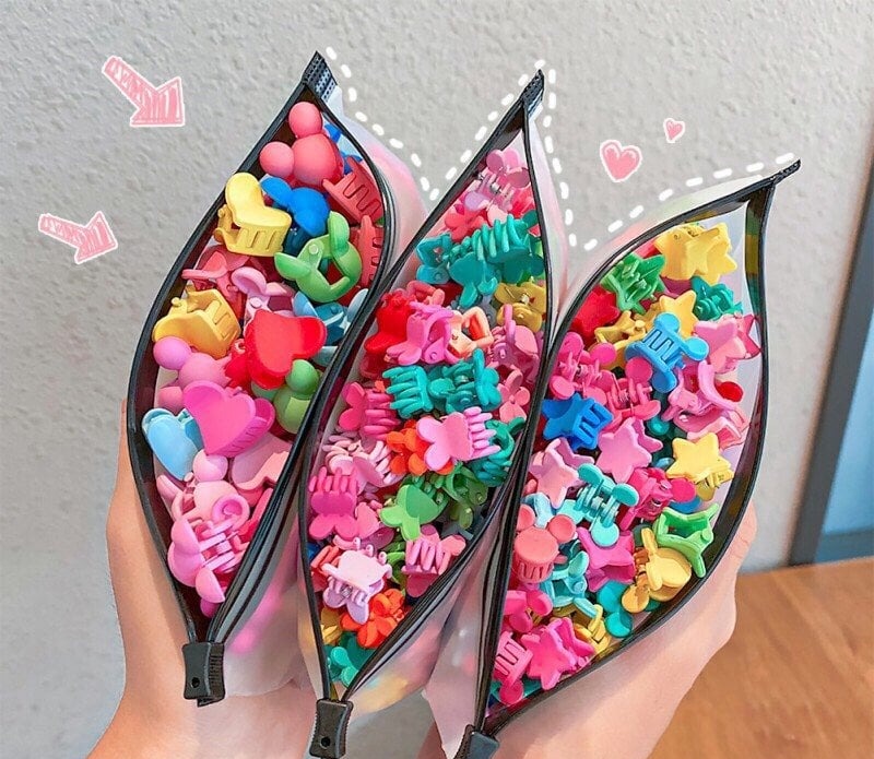 Set 50 Kẹp Tóc Càng Cua Mini Nhiều Mẫu Nhiều Màu Trong Túi Zip Cho Bé Gái