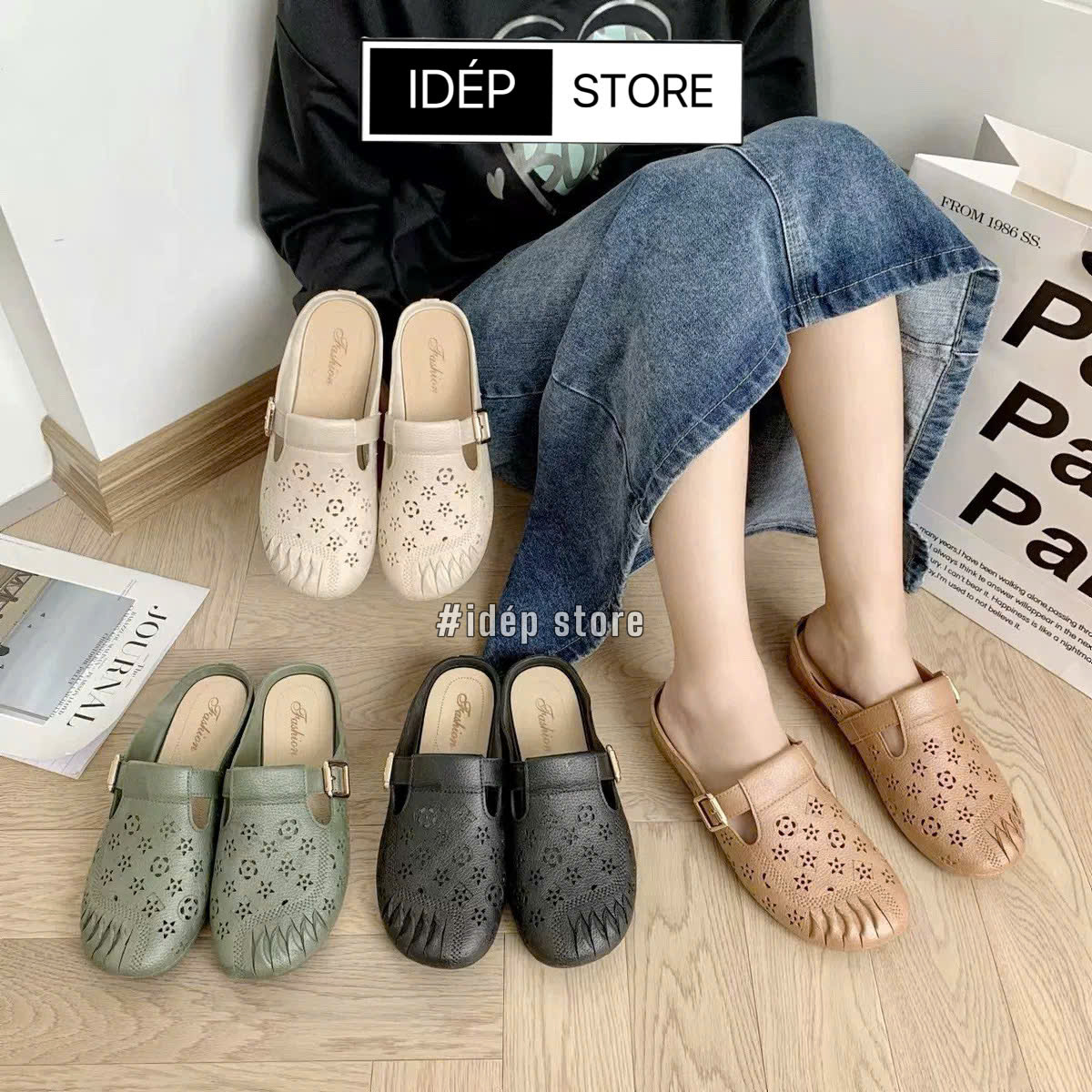 Giày sục nhựa quai khóa mules nữ giả da công sở đi mưa cao 2cm siêu bền IDÉP SL043