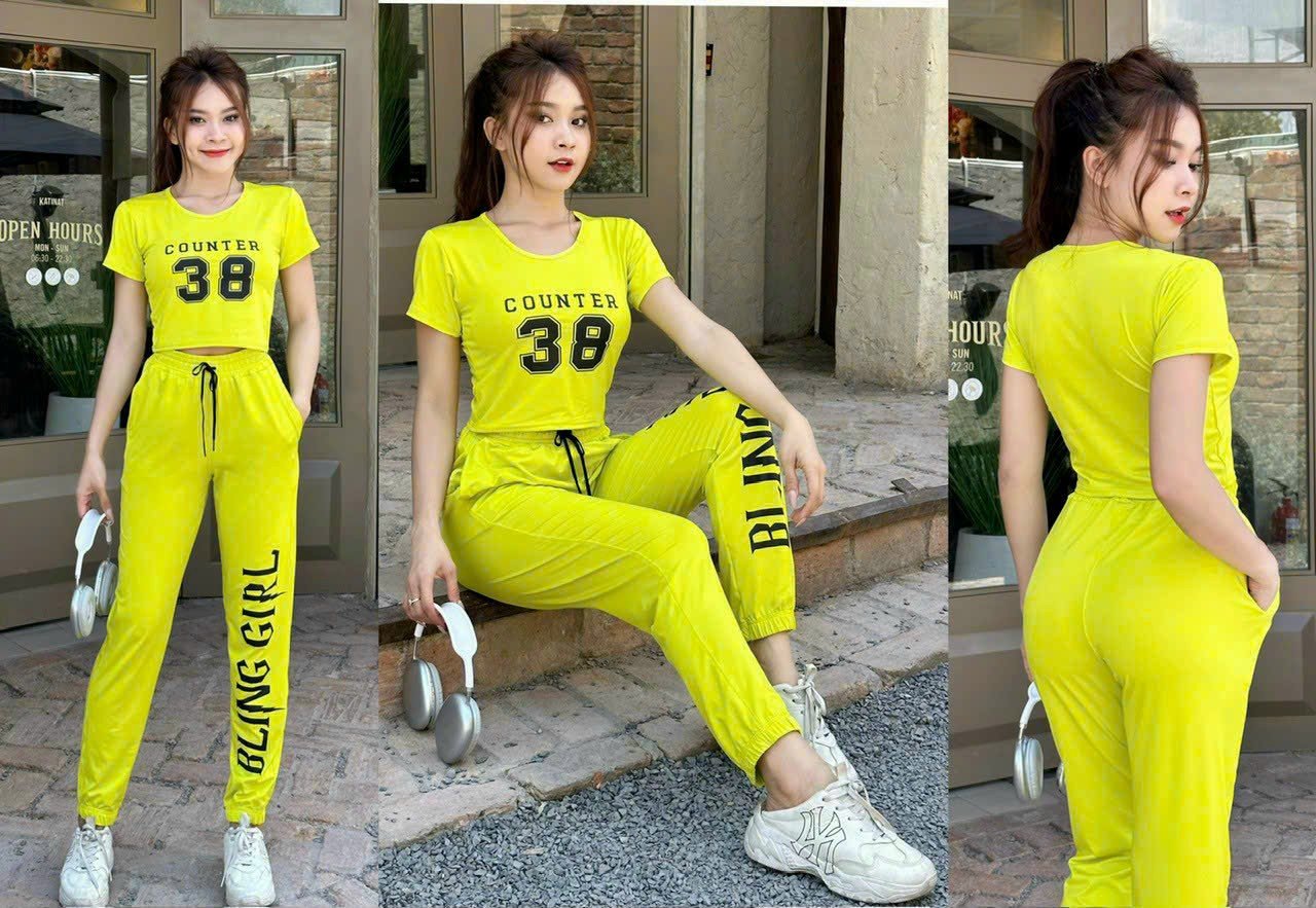 Bộ đồ tập thể thao nữ quần jogger vải thun lạnh + áo thun lạnh co giãn quần có túi tập gym, chạy bộ