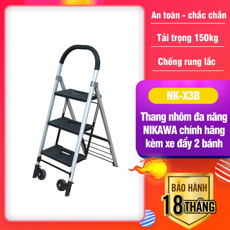 Thang nhôm đa năng 3 bậc kèm xe đẩy 2 bánh nikawa nkx-3b