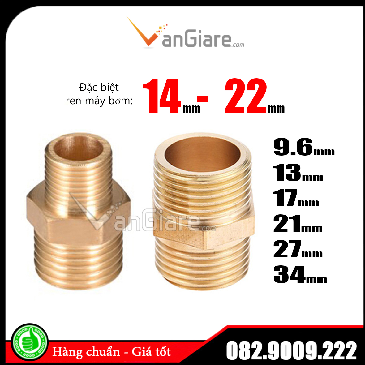 Kép thau, nối 2 đầu ren ngoài 9.6 13 14 17 21 22 27 34