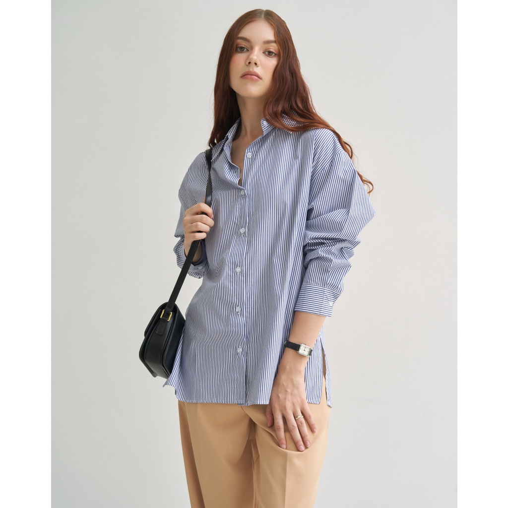 Áo sơ mi nữ sọc kẻ xanh form rộng la3573 - madeline shirt | lana official