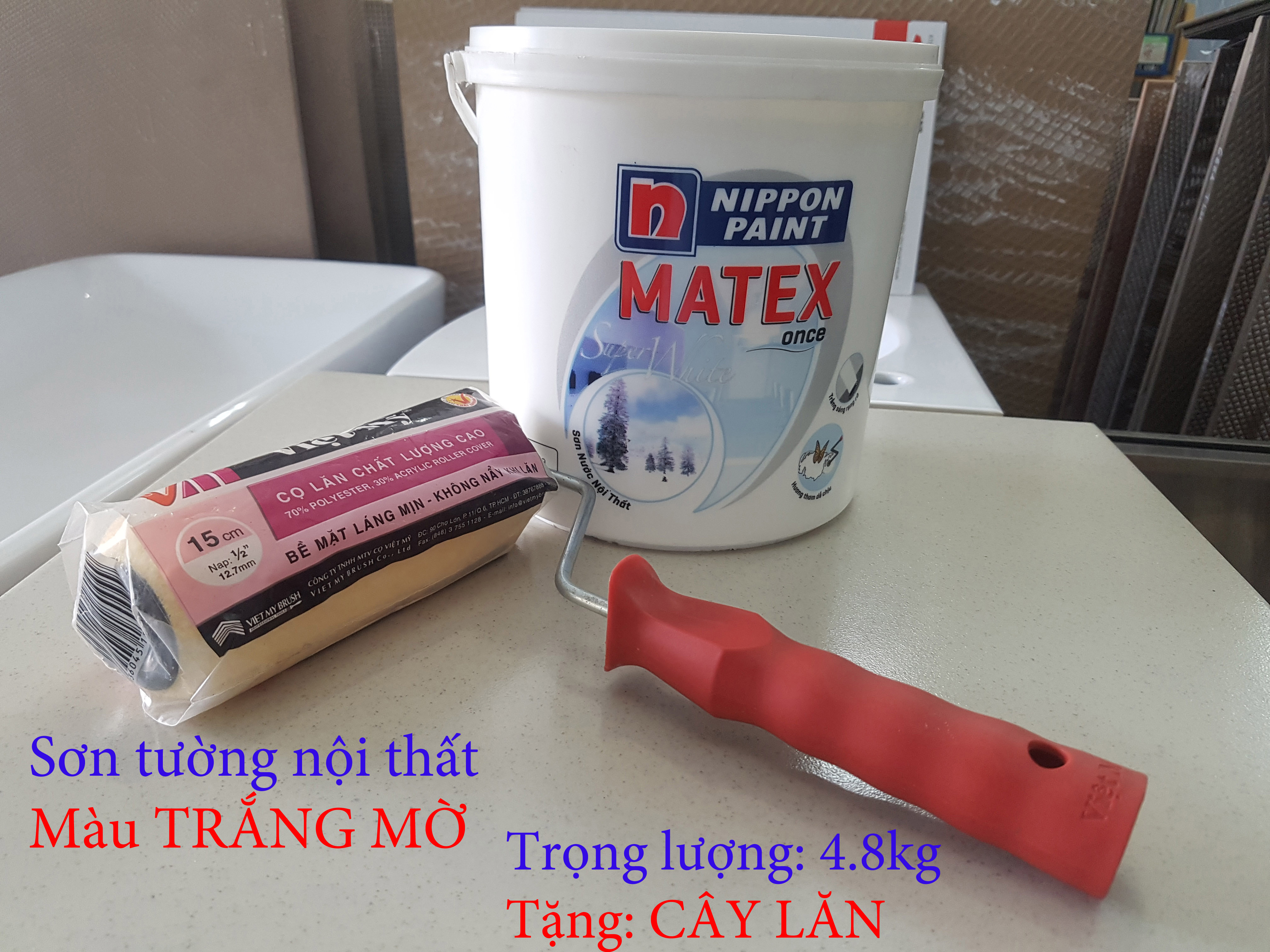 [TẶNG CÂY LĂN] Sơn tường nội thất Nippon Matex Super White, trắng mờ, 4.8kg, chống rêu mốc, độ che phủ cao