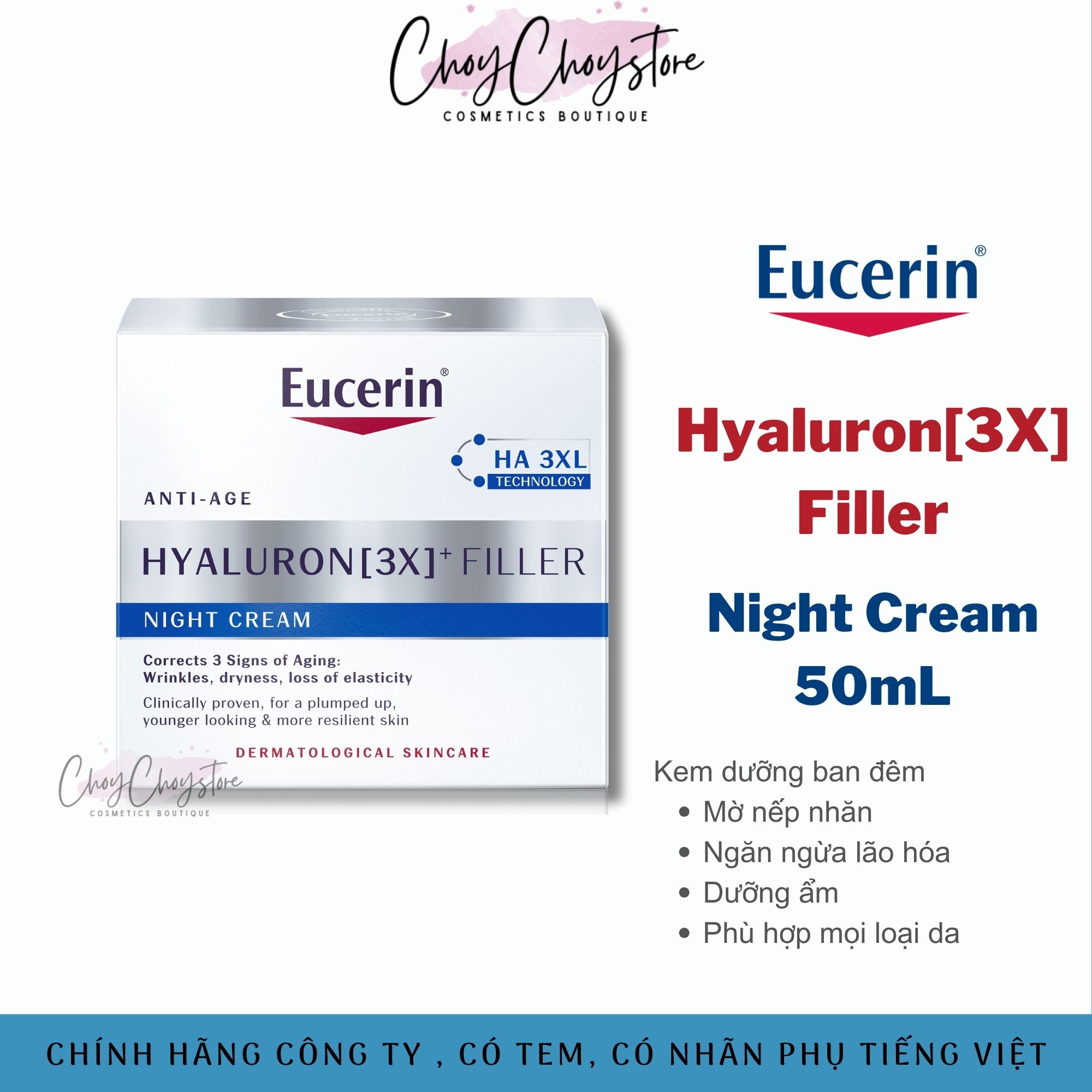 Kem Dưỡng Eucerin Hyaluron 3x+ Filler Night Cream 50mL Giúp Ngăn Ngừa Lão Hóa (Tem DKSH)