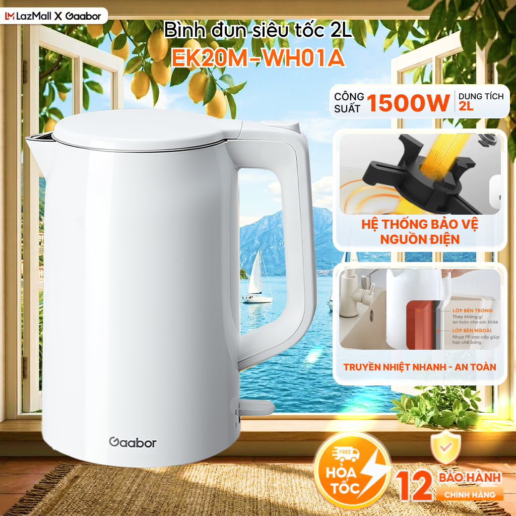 Ấm đun siêu tốc 2L INOX 304 đúc nguyên khối Gaabor EK20M-WH01A bình đun nước siêu tốc màu trắng nhựa cách nhiệt an toàn sôi nhanh - Bảo hành 12 tháng 1 đổi 1