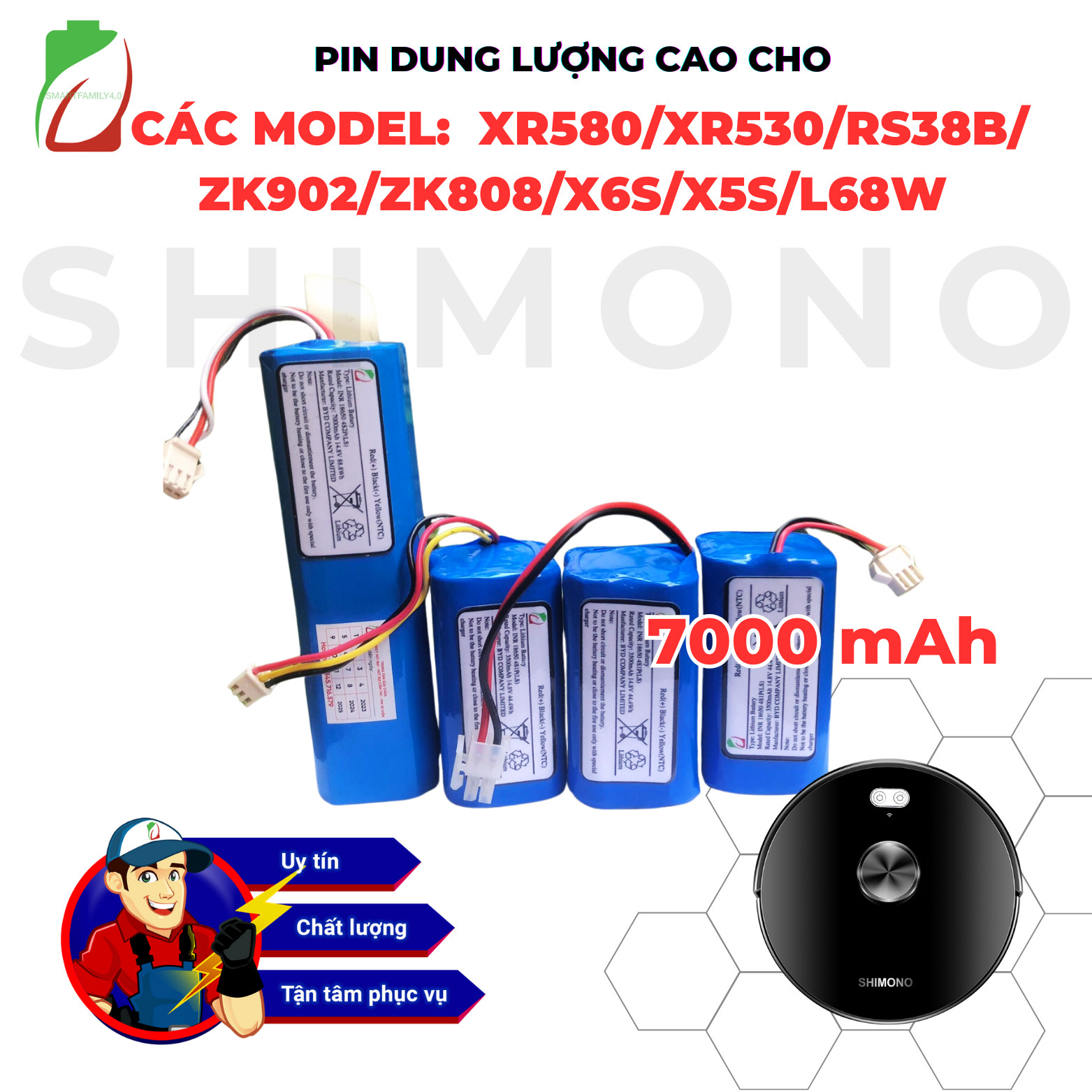 PIN ROBOT HÚT BỤI SHIMONO: RS38N/XR530/ZK808/ZK902/X6S/X5S/XR580/LS68W, DUNG LƯỢNG CAO 7000MAH BẢO HÀNH 9 THÁNG CHÍNH HÃNG
