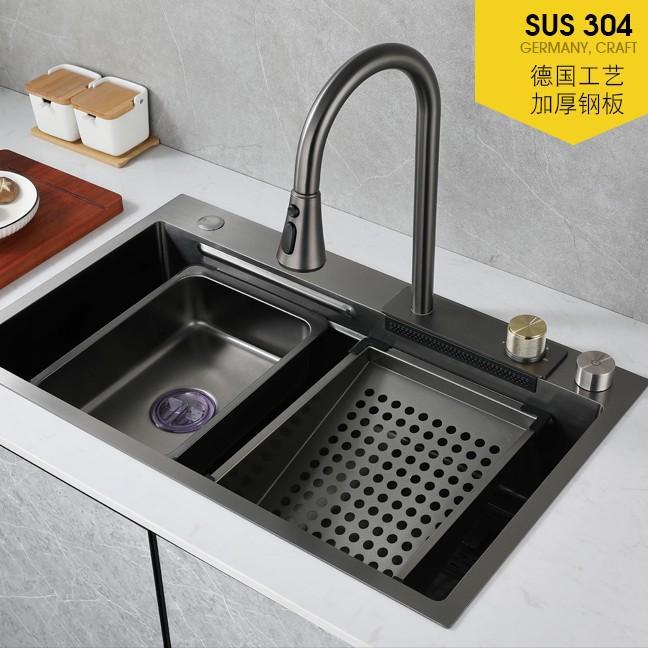 Chậu rửa chén bát sus 304 grunder -8045d kèm vòi rửa bát nóng lạnh xả kiểu thác hiện đại, gồm thớt gỗ,xiphong thoát nước cao cấp