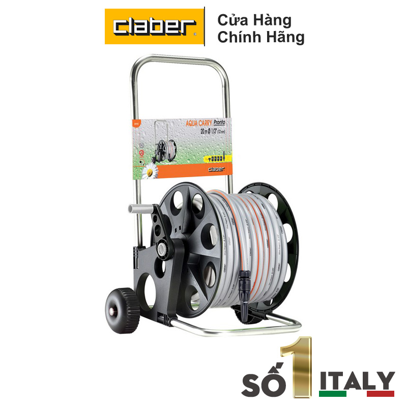 Bộ cuộn ống tưới vườn dạng xe đẩy claber 8992 aqua carry pronto 20 mét ống phi 12mm, khung nhôm nhẹ nhàng, vòi tưới 2 chế độ, khớp nối nhanh, đầu nối vòi nước, có sẵn vòi tưới cao cấp trong bộ
