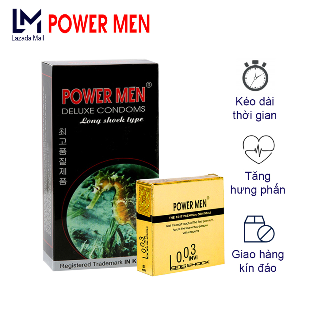 Combo bao cao su gân gai Powermen Longshock 12bcs Tăng khoái cảm cho nữ , Kéo dài thời gian quan hệ + Tặng BCS siêu mỏng 0.03 xuất tinh sớm