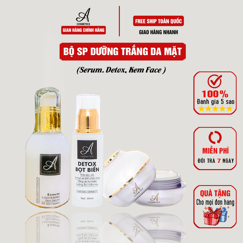 Bộ 3 sản phẩm dưỡng trắng da mặt gồm: detox 50ml, serum 50ml, kem face 50g