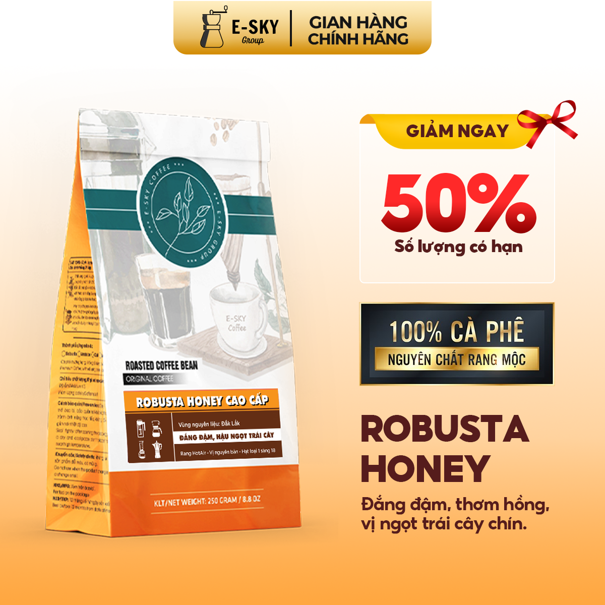 Cà Phê Rang Xay Nguyên Chất Robusta Honey E-sky Coffee Cafe Pha Phin Pha Máy Mold Brew 250g-500g