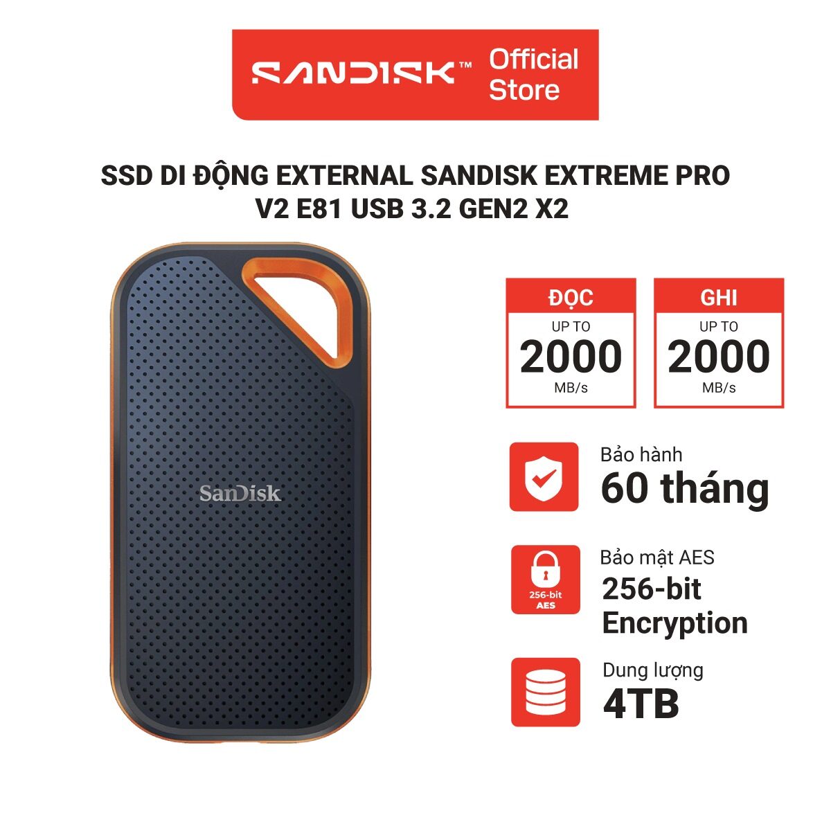 Ổ cứng di động SSD 1TB - 2TB - 4TB Sandisk Extreme Pro V2 E81 2000MB/s