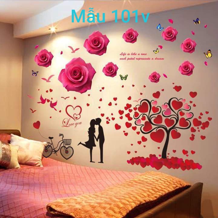 tranh decal dán tường hoa hồng cây trái tim đỏ.1m6x2m