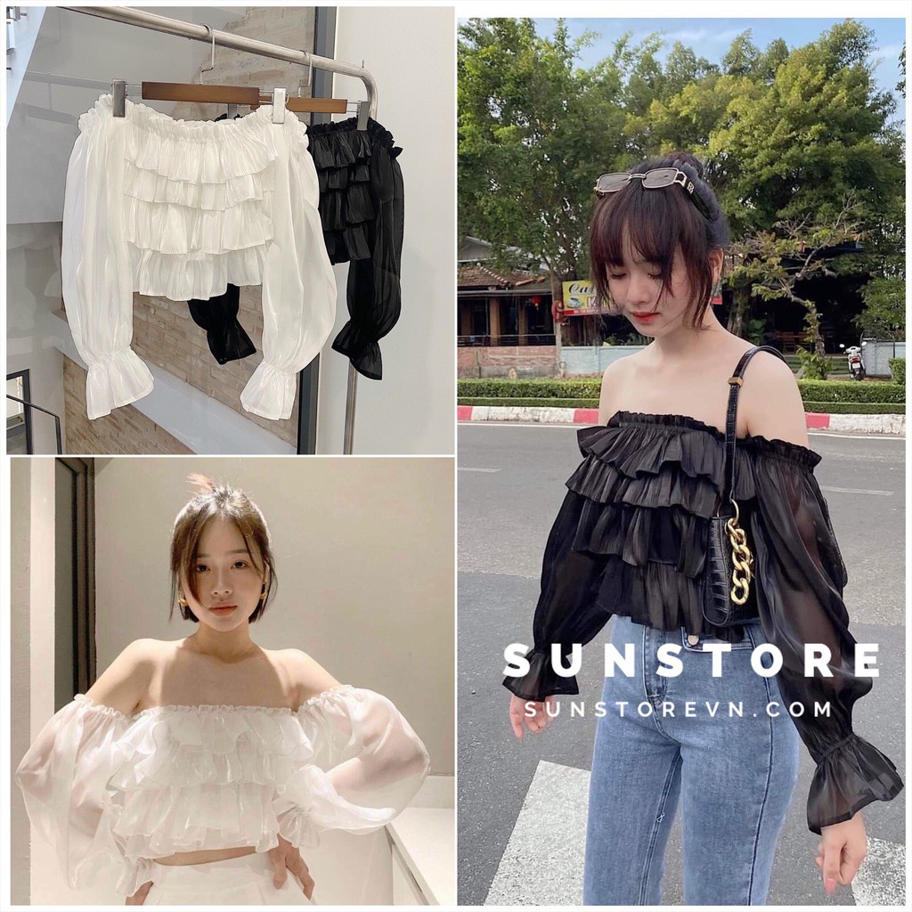 Áo kiểu croptop trễ vai tay dài mặc được 2 kiểu phần lưng bo chun 2 màu đen và trắng JKAY TOP
