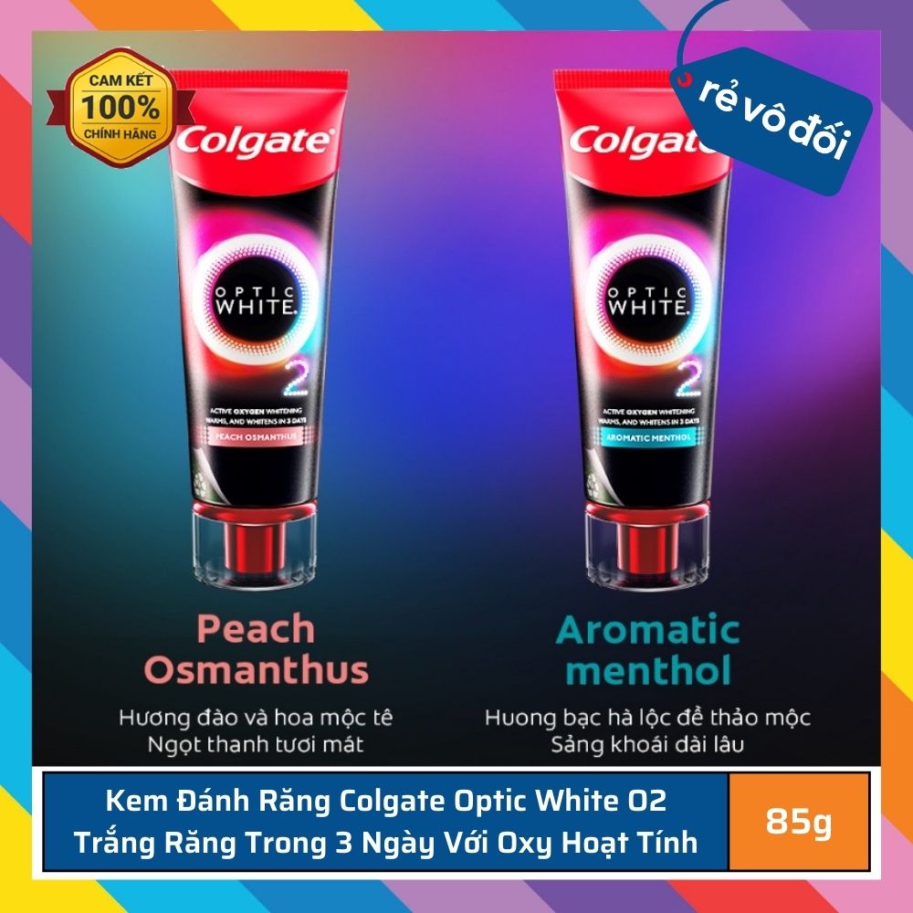 Combo 2 kem đánh răng colgate optic white o2 trắng răng trong 3 ngày với oxy hoạt tính 85g/tuýp