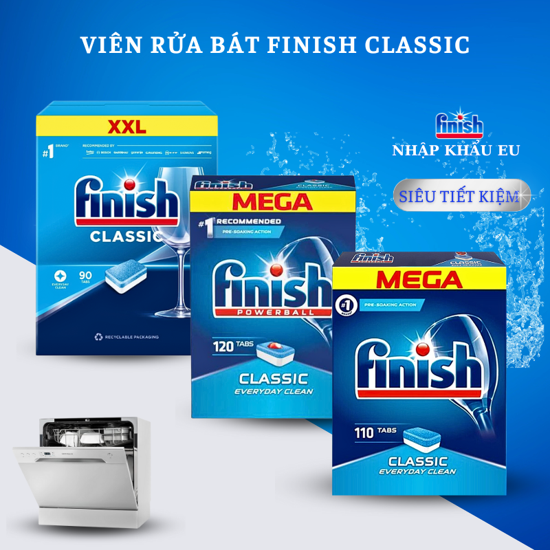 Viên rửa bát Finish Classic 120v dòng phổ thông tiết kiệm chi phí dùng cho mọi dòng máy rửa bát