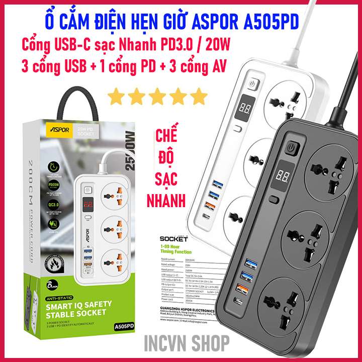 Ổ cắm điện đa năng Chống Giật ASPOR A505PD, Ổ cắm điện thông minh, ổ cắm điện hẹn giờ, ổ cắm điện quang, ổ cắm điện chịu tải, ổ cắm điện lioa, phích cắm điện, chui cắm điện